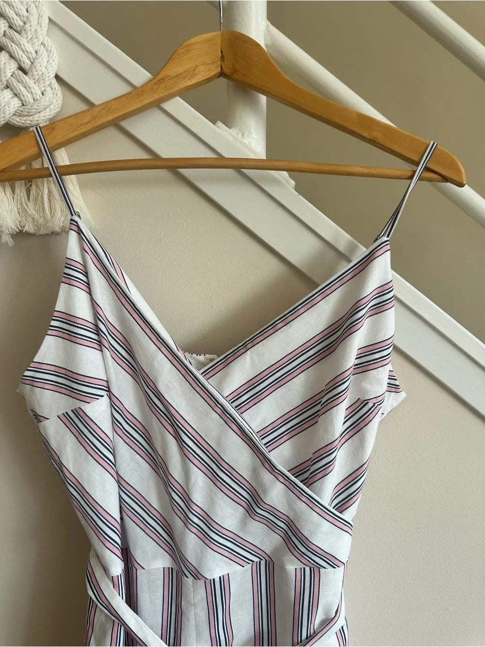 Banana Republic White Wide Leg Linen Jumpsuit with Pink & Navy Stripes Sz 12 NWT